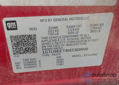 2021 GMC Sierra 1500 4Wd Short Box At4 from USA, damaged, VIN 1GTU9EET8MZ369908